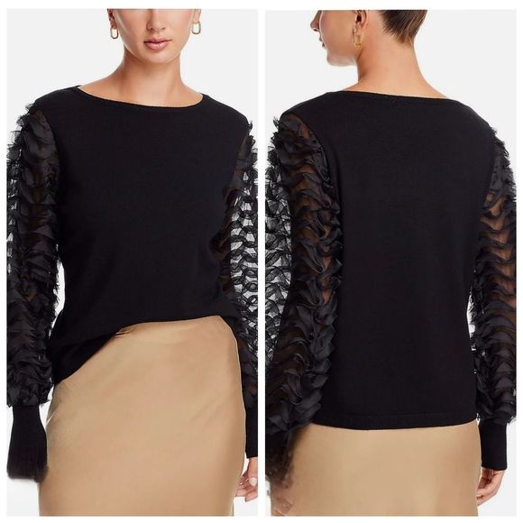 Sioni Women's Mixed Media Boat Neck Sheer Pullover Black Sweater Size Medium - Picture 1 of 10